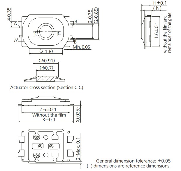 Mechanical Drawing - Panasonic Electronic Components EVP-BB 2.6 mm × 1.6 mm Tactile Switches